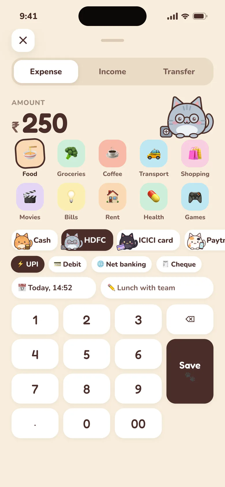 Purrse — Add Expense screen