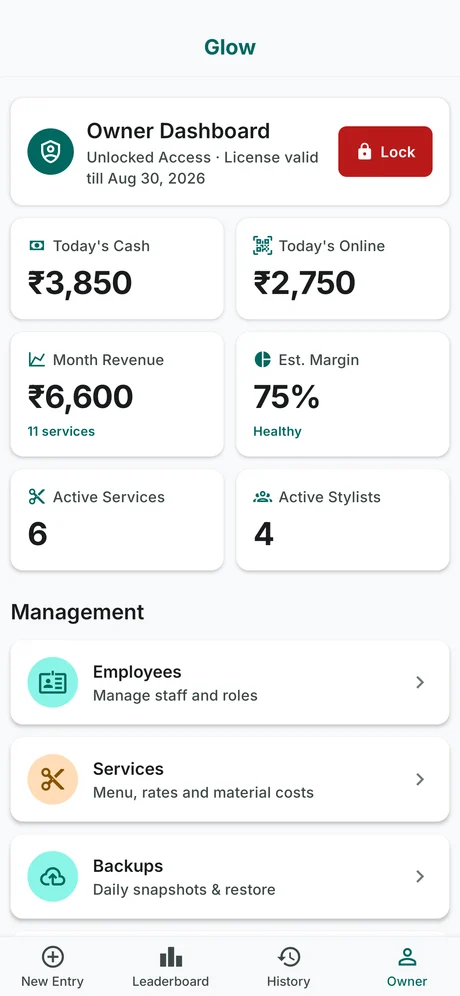 Salon Ledger — Owner Dashboard screen